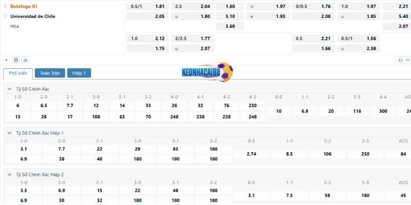 Tỉ lệ kèo trận Botafogo RJ vs Universidad de Chile, 7h30 ngày 28/5