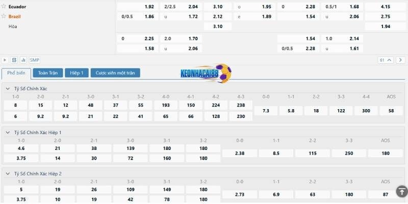 Tỉ lệ kèo trận Ecuador vs Brazil