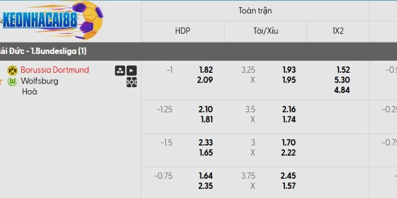 Tỷ lệ kèo trận đấu Dortmund vs Wolfsburg